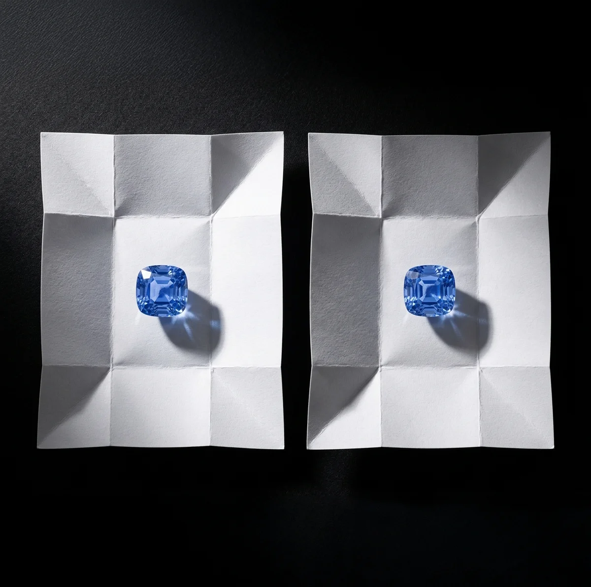 Two blue cushion sapphires resting on two folded stone papers, side by side