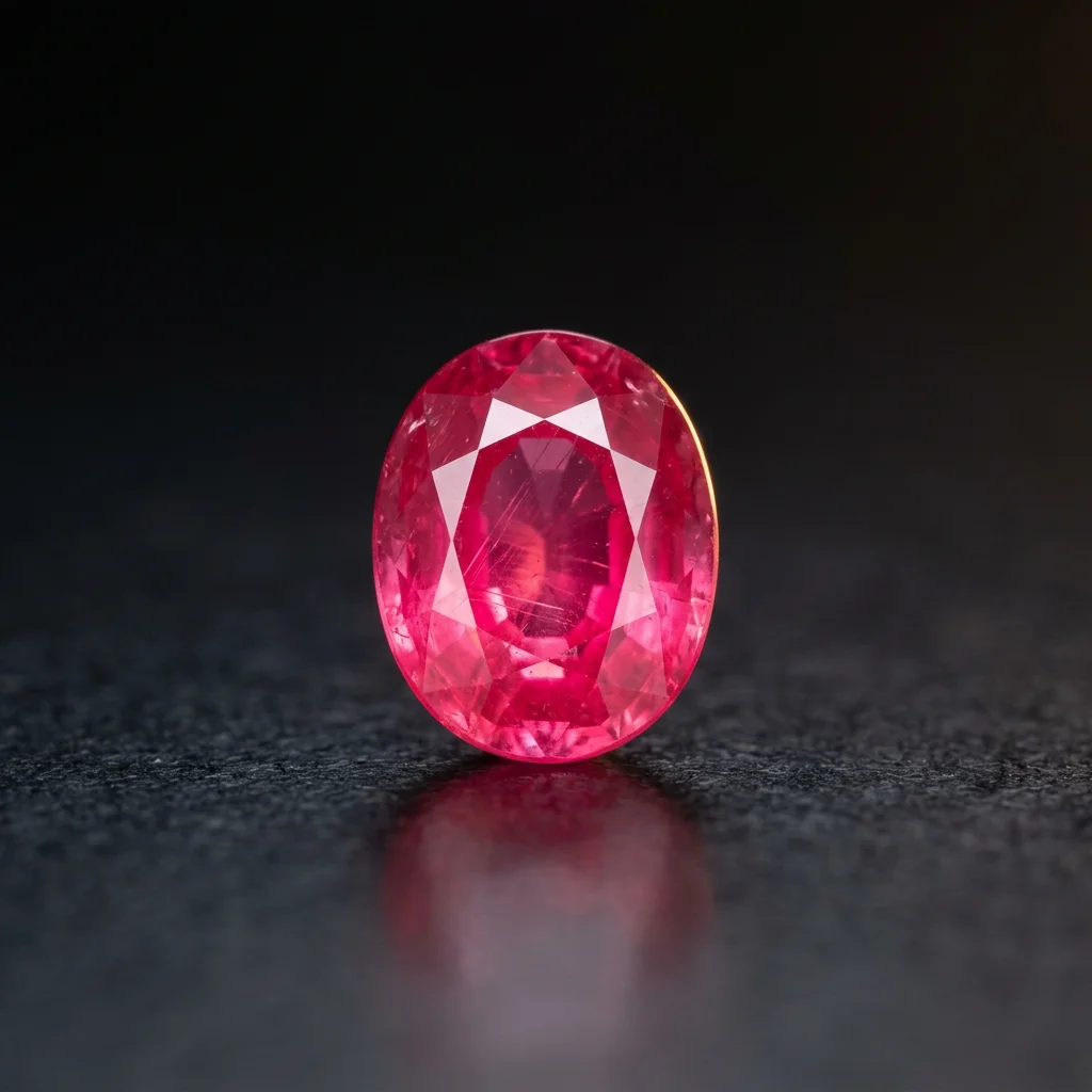 A pinkish red Ceylon ruby oval on a dark ground