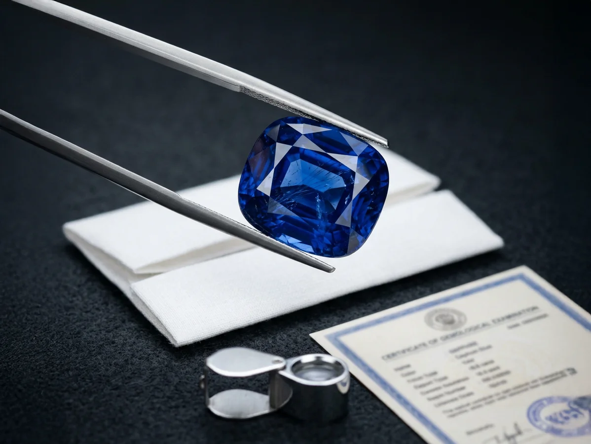 A cushion cut blue sapphire held in tweezers above its sealed packet, loupe and laboratory report