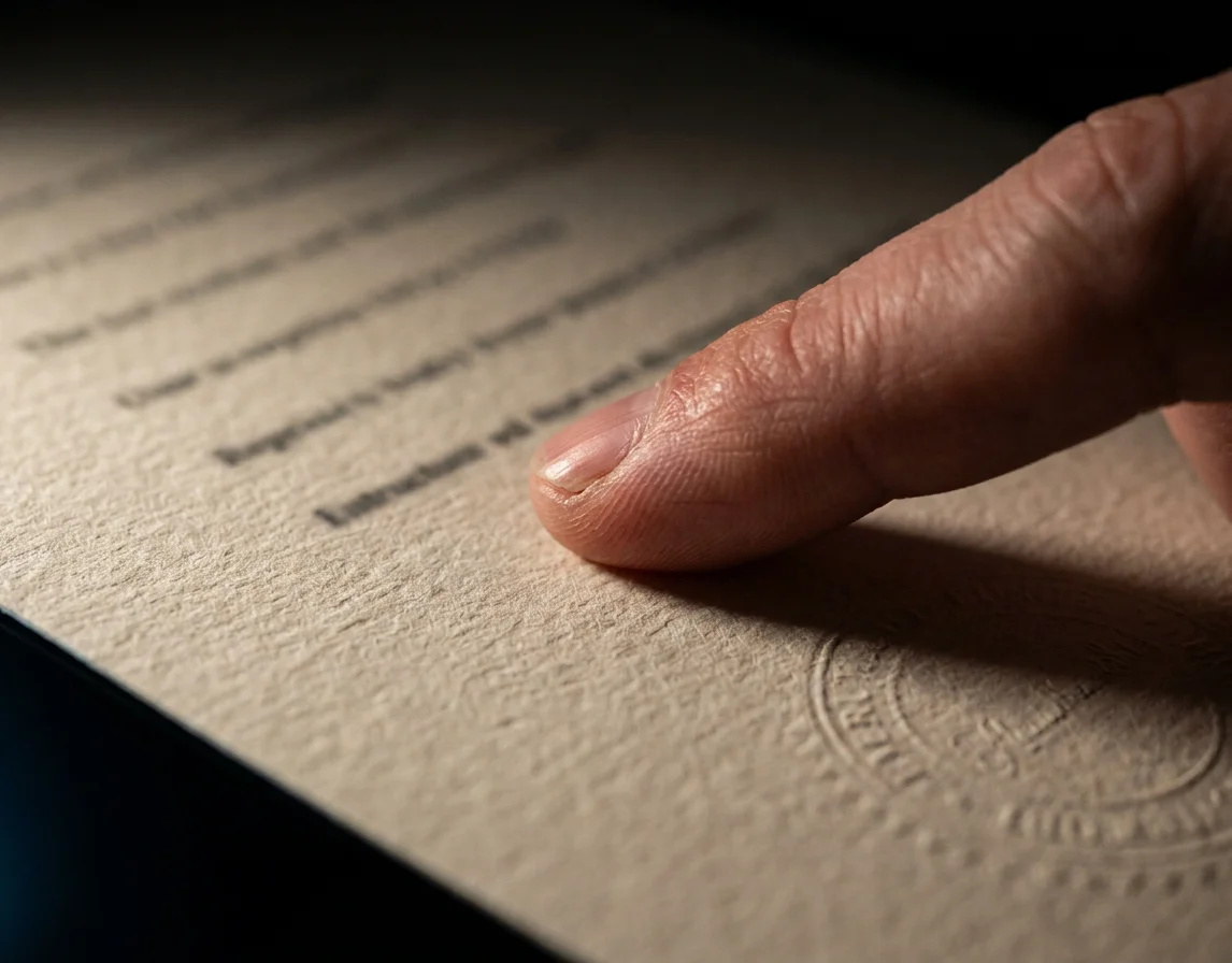 A fingertip resting on the printed lines of a laboratory report beside its embossed seal
