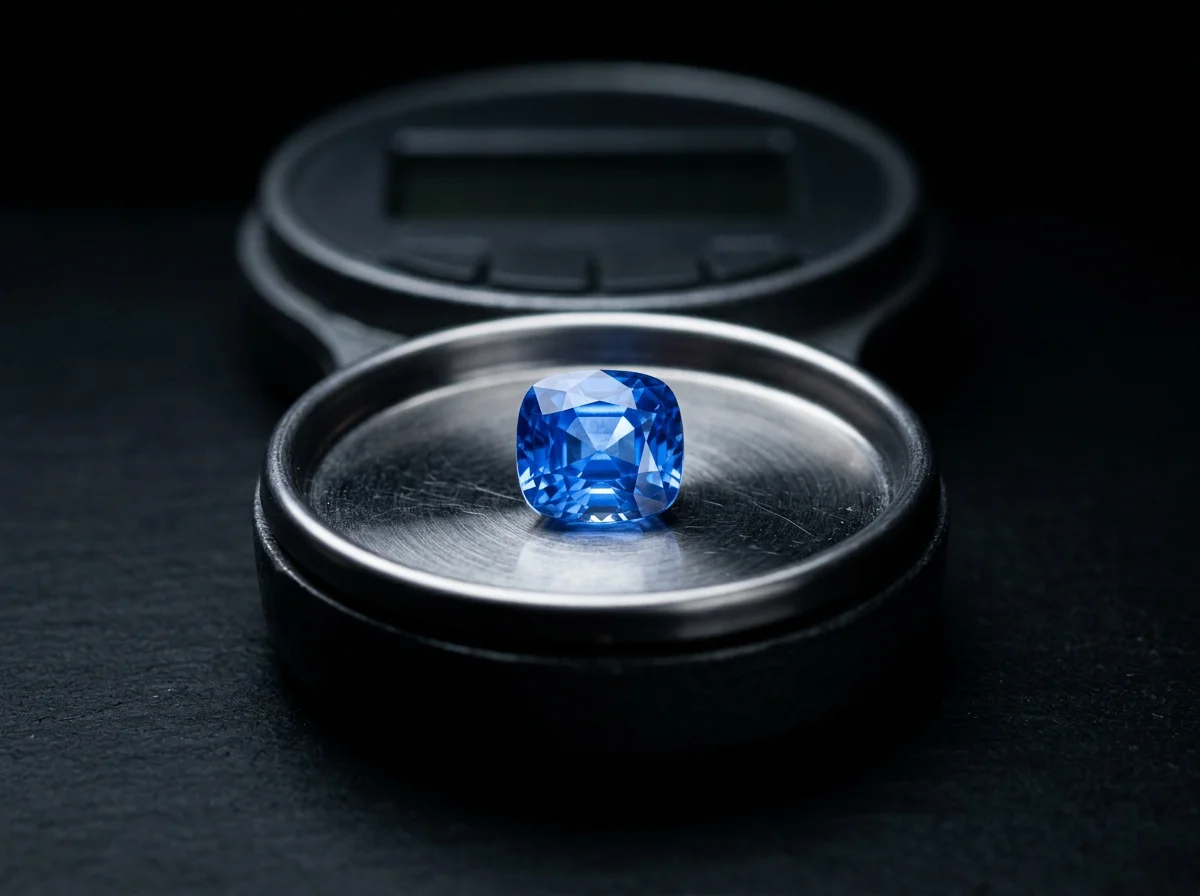 A blue cushion sapphire resting on the pan of a carat scale