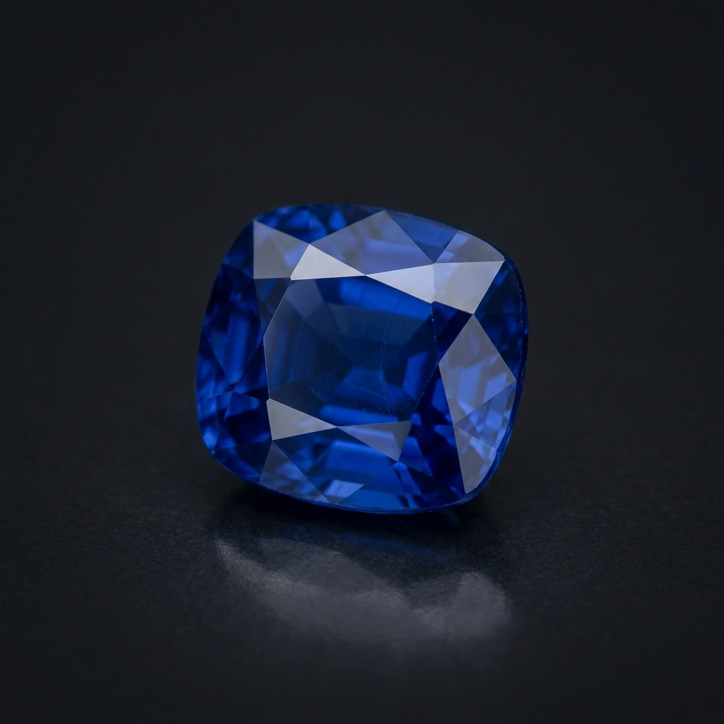 A vivid blue Ceylon sapphire cushion on a dark ground