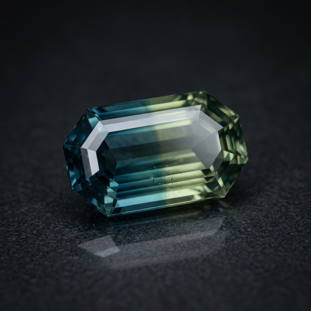 A parti Ceylon sapphire octagon, teal falling to yellow green across the stone