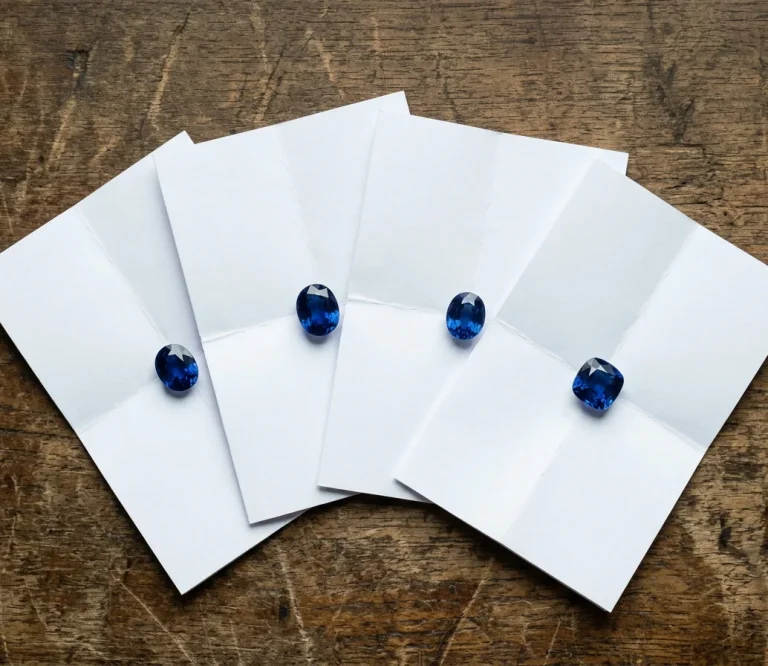 Sapphires displayed on wooden desk