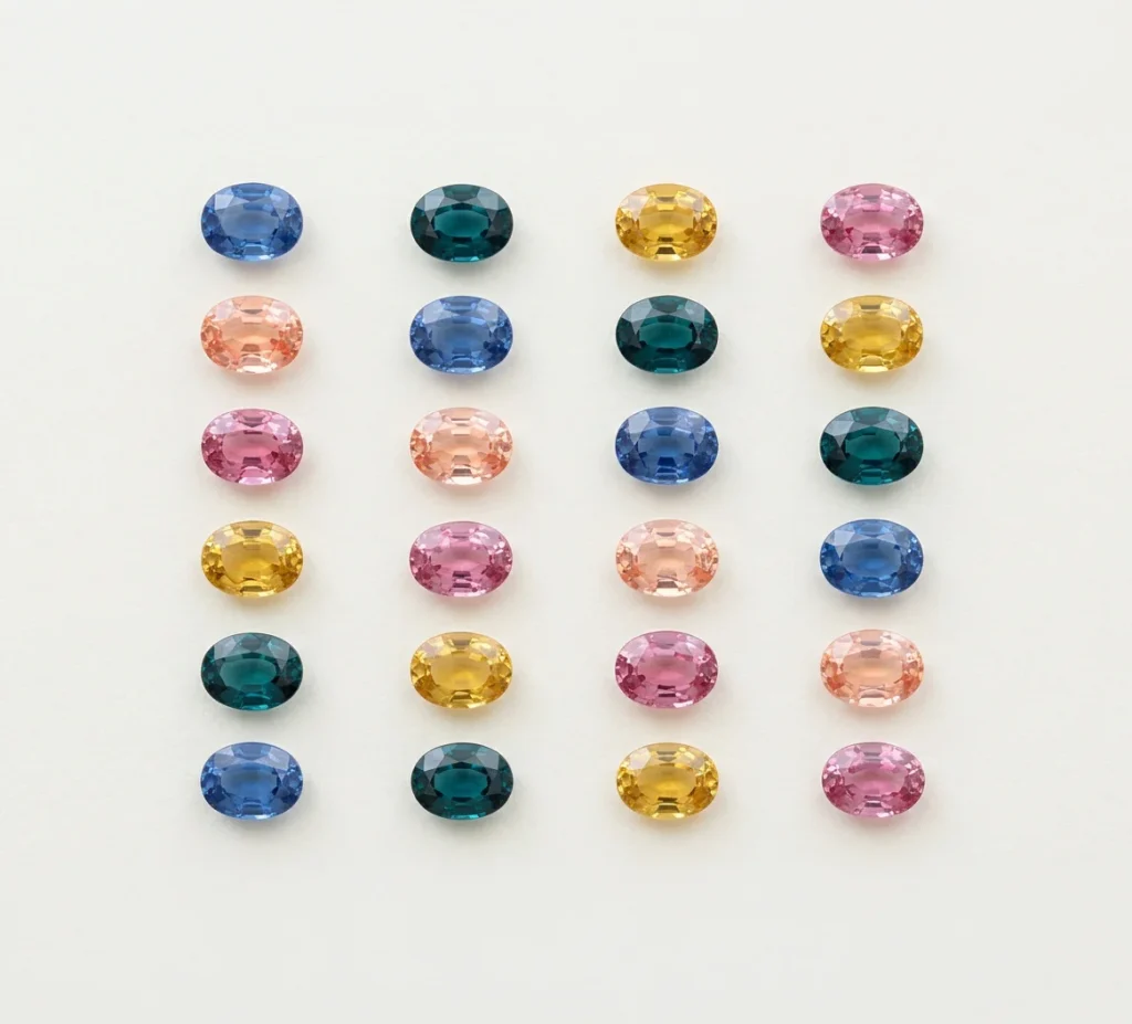 Twenty four loose Ceylon sapphires laid out in an even grid, mixed colours